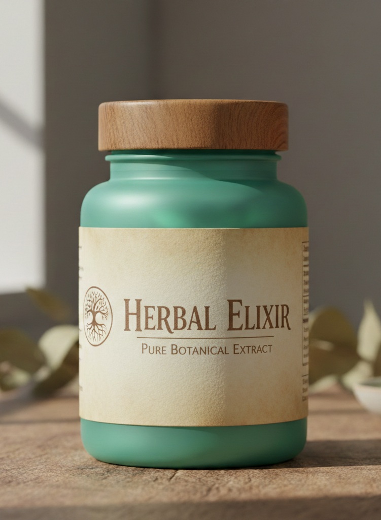 Bottle of Herbal Elixir on a warm neutral background